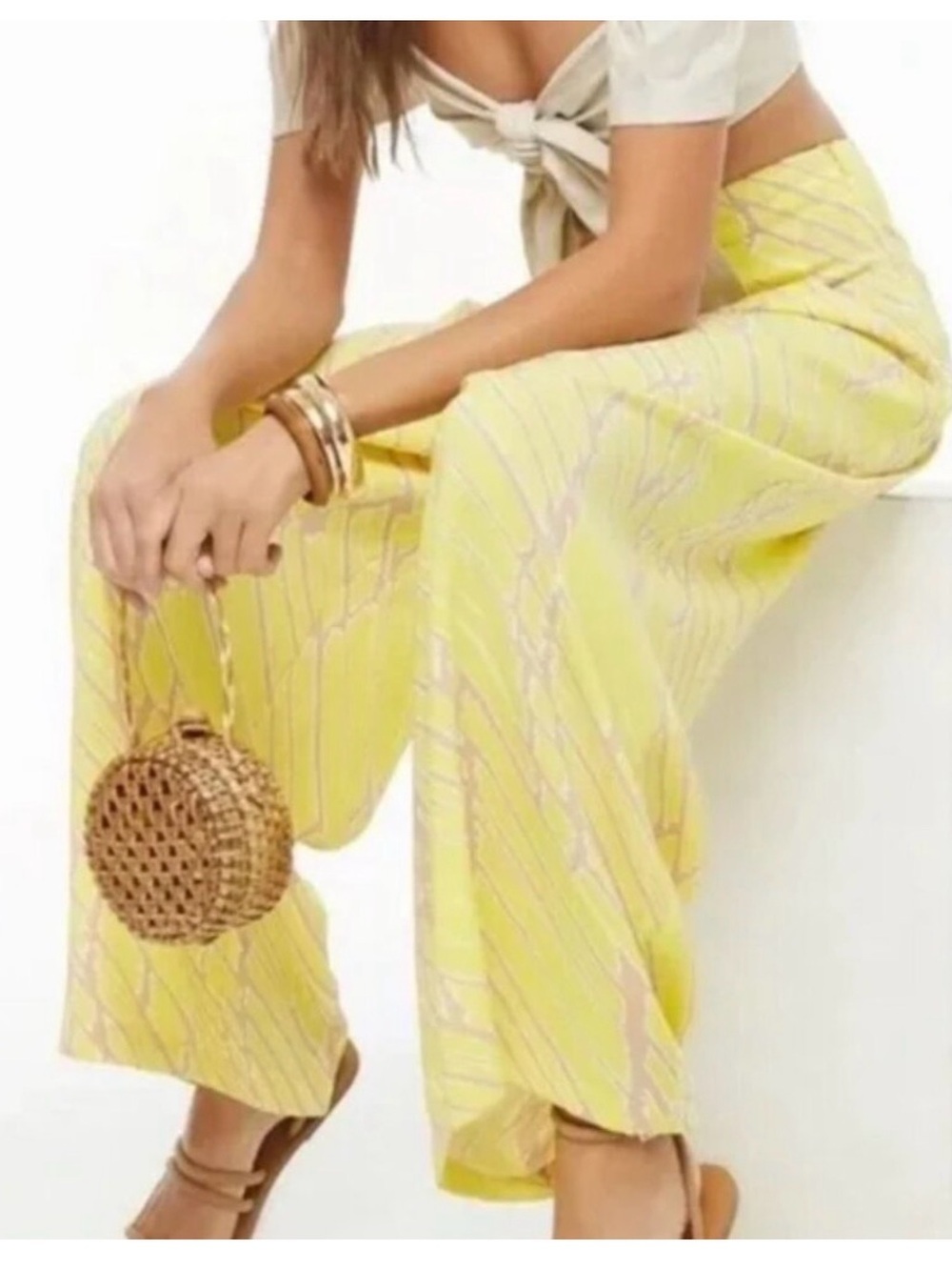 Lightweight Yellow & Nude Wide-Leg Women's Pants Medium